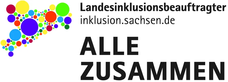 Logo des Landesinklusionsbeauftragten, gestaltet aus dem Land Sachsen als Form, bestehend aus vielen unterschiedlich großen und farbigen Kreisen