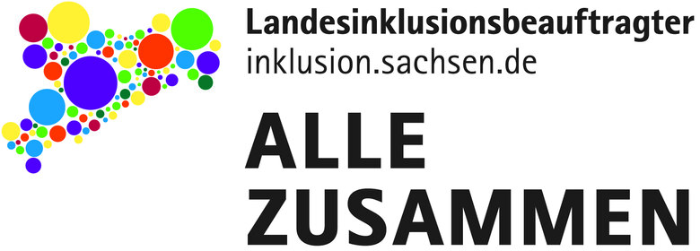Logo des Landesinklusionsbeauftragten, gestaltet aus dem Land Sachsen als Form, bestehend aus vielen unterschiedlich großen und farbigen Kreisen