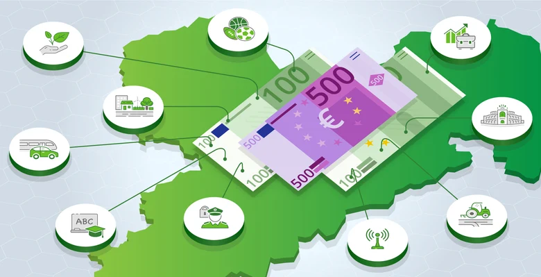 Illustration einer Landkarte mit mehreren Euro-Geldscheinen. Um die Karte herum sind Symbole, die die Bereiche staatlicher Finanzierung darstellen.