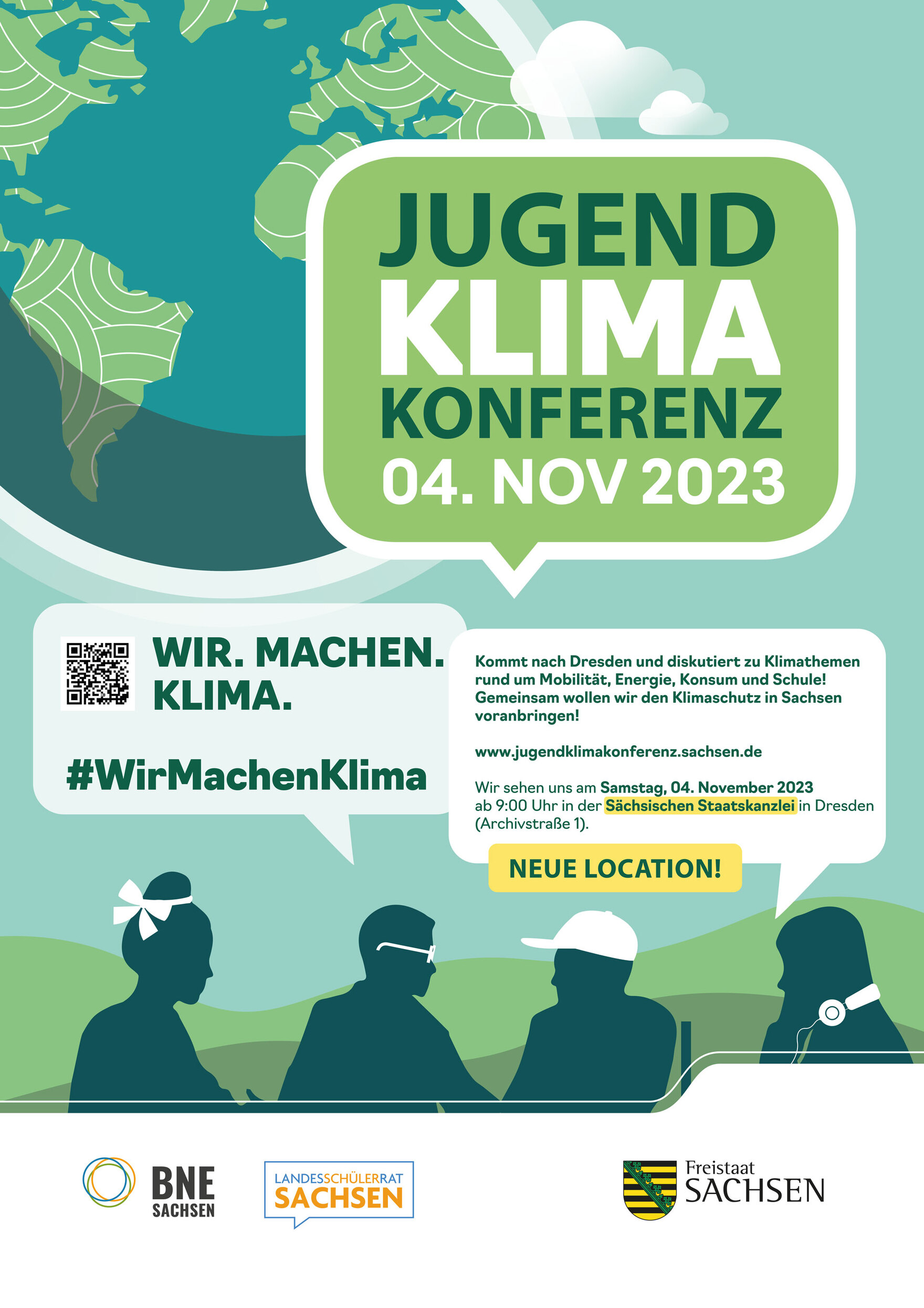 Ein Plakat der JugendKlimaKonferenz 2023 zeigt einen stilisierten Erdball und junge Menschen im Gespräch.