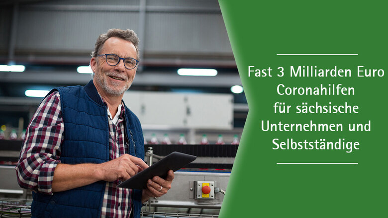 Ein Mann steht in einer Fabrikhalle. Text: Fast 3 Milliarden Euro Coronahilfe für sächsische Unternehmen und Selbstständige.