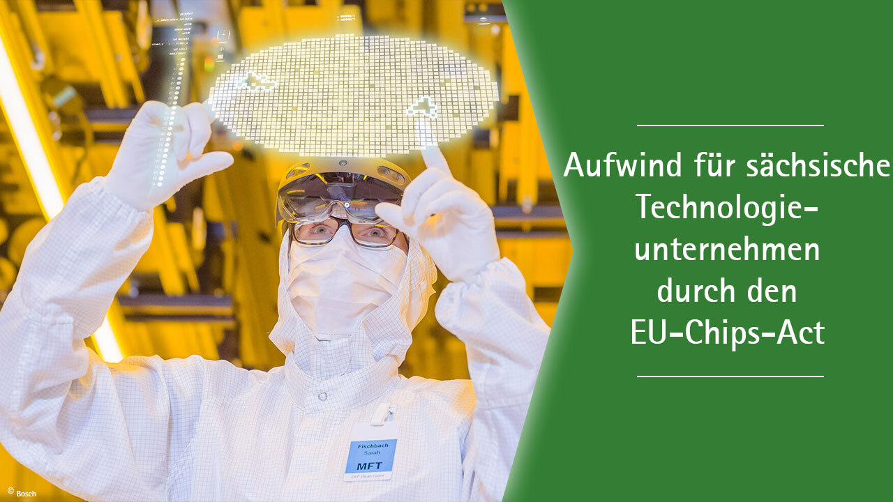 Mikroelektronische Bauteile. Text: Aufwind für sächsische Technologieunternehmen durch den EU-Chips-Act.