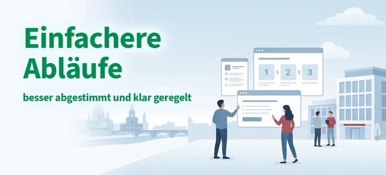 Eine stilisierte Grafik zeigt Menschen vor einer Behörde mit der Aufschrift einfachere Abläufe.