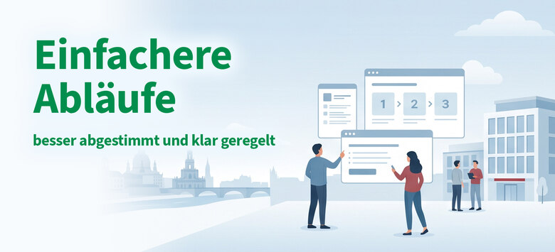 Eine stilisierte Grafik zeigt Menschen vor einer Behörde mit der Aufschrift einfachere Abläufe.