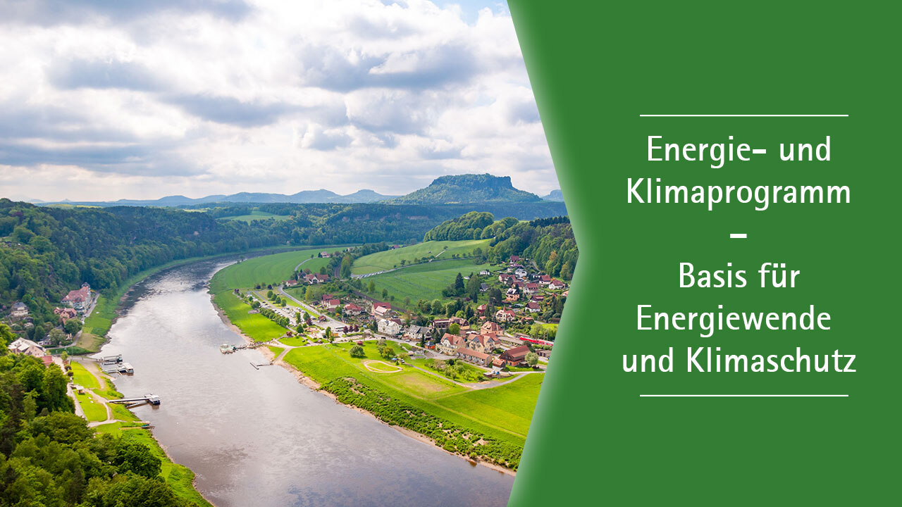 Blick auf die Sächsische Schweiz. Text: Energie- und Klimaprogramm – Basis für Energiewende und Klimaschutz.