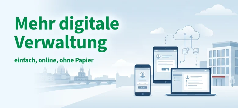 Eine stilisierte Grafik zeigt Menschen vor einer Behörde mit der Aufschrift Mehr digitale Verwalting.