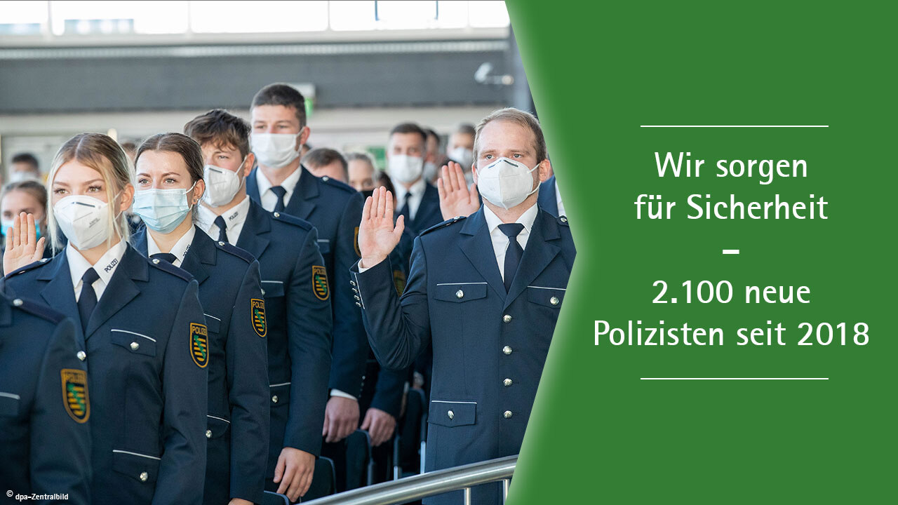 Ein Foto mit Polizisten und dem Text: Wir sorgen für Sicherheit – 2100 neue Polizisten seit 2018.