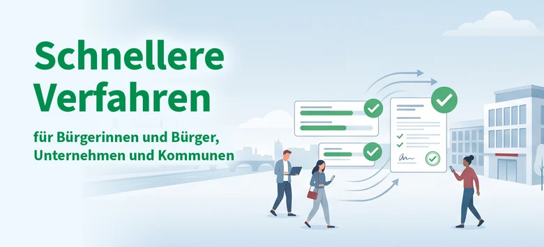 Eien stilisierte Grafik zeigt Menschen vor einer Behörde mit der Aufschrift schnellere Verfahren.