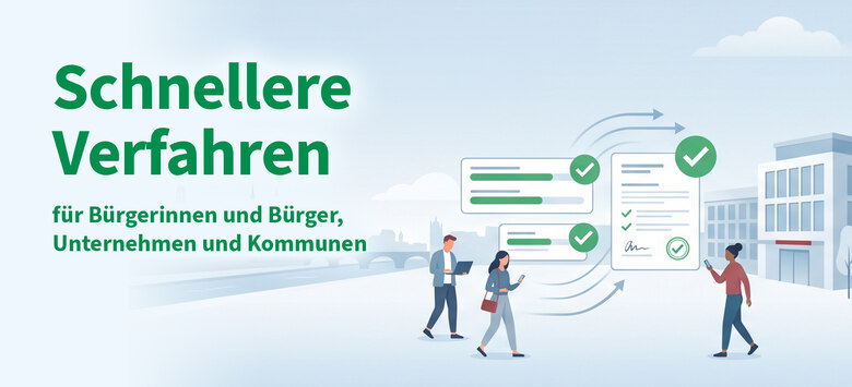 Eien stilisierte Grafik zeigt Menschen vor einer Behörde mit der Aufschrift schnellere Verfahren.