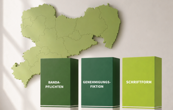 Eine Grafik, auf der mehrere Säulen und die Umrisse des Freistaates Sachsen zu sehen sind. Die Säulen sind benannt: BANDA-PFLICHTEN, GENEHMIGUNGS-FIKTION, SCHRIFTFORM