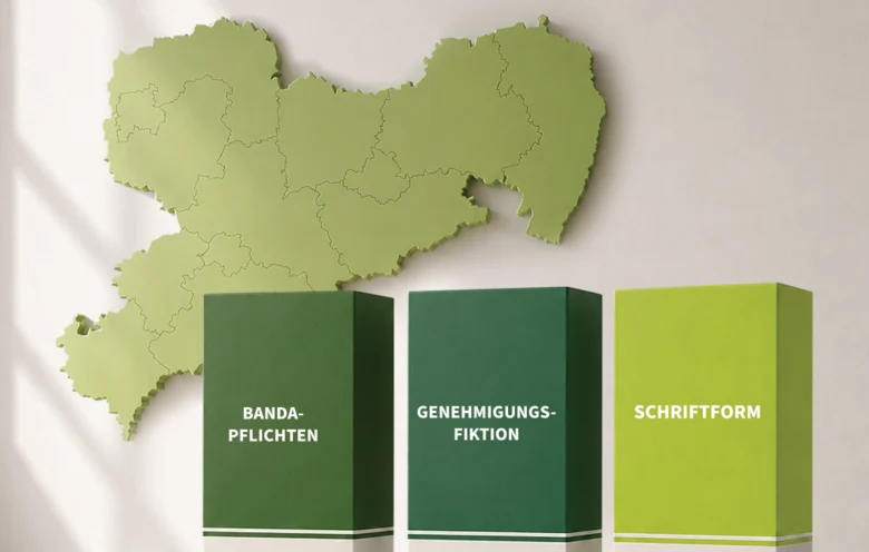 Eine Grafik, auf der mehrere Säulen und die Umrisse des Freistaates Sachsen zu sehen sind. Die Säulen sind benannt: BANDA-PFLICHTEN, GENEHMIGUNGS-FIKTION, SCHRIFTFORM
