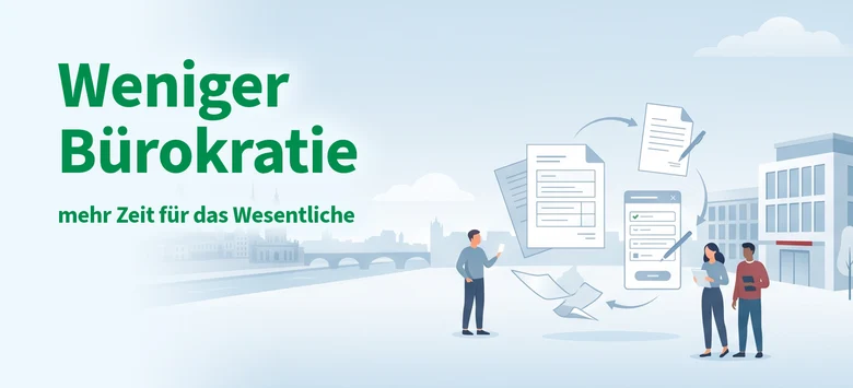 Eine stilisierte Grafik zeigt Menschen vor ienr Behörde mit der Aufschrift weniger Bürokratie.