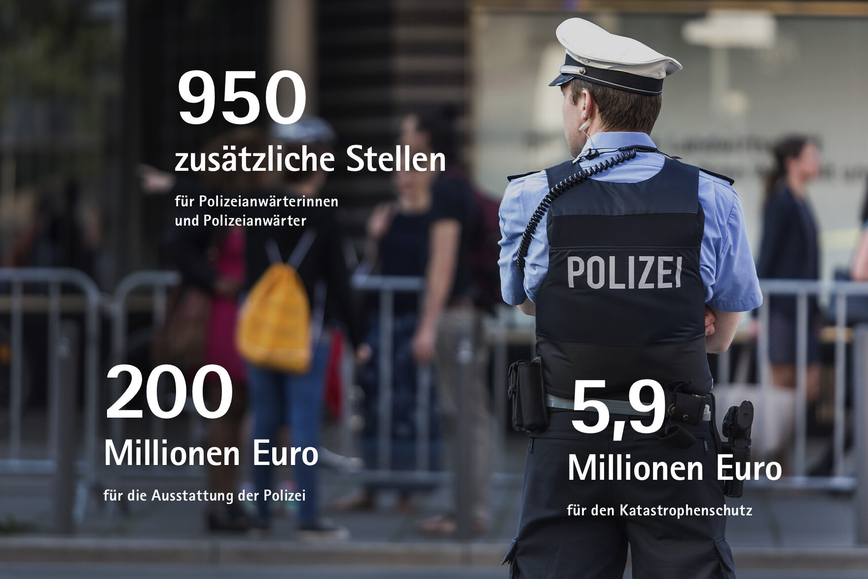 950 zusätzliche Stellen für Polizeianwärterinnen und Polizeianwärter, 5,9 Millionen Euro für den Katastrophenschutz, 200 Millionen Euro für die Ausstattung der Polizei
