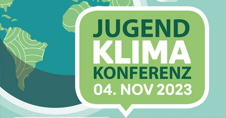 Eine stilisierte Grafik zeigt eine Erdkugel. Daneben die Aufschrift Jugend Klimakonferenz